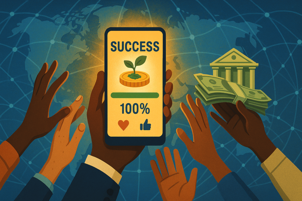 Diverse hands reaching toward a glowing smartphone showing a successful crowdfunding campaign with hearts, thumbs-up icons, and a global digital network background.